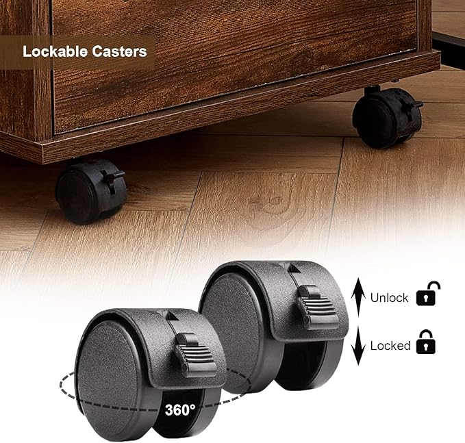 TUKAILAi Mobile File Cabinet with Lockable Drawer & Door, Under Desk Rolling Filing Cabinet with 4 Wheels, Wooden Stationery Storage Cabinet for Home Office (Rustic Brown)