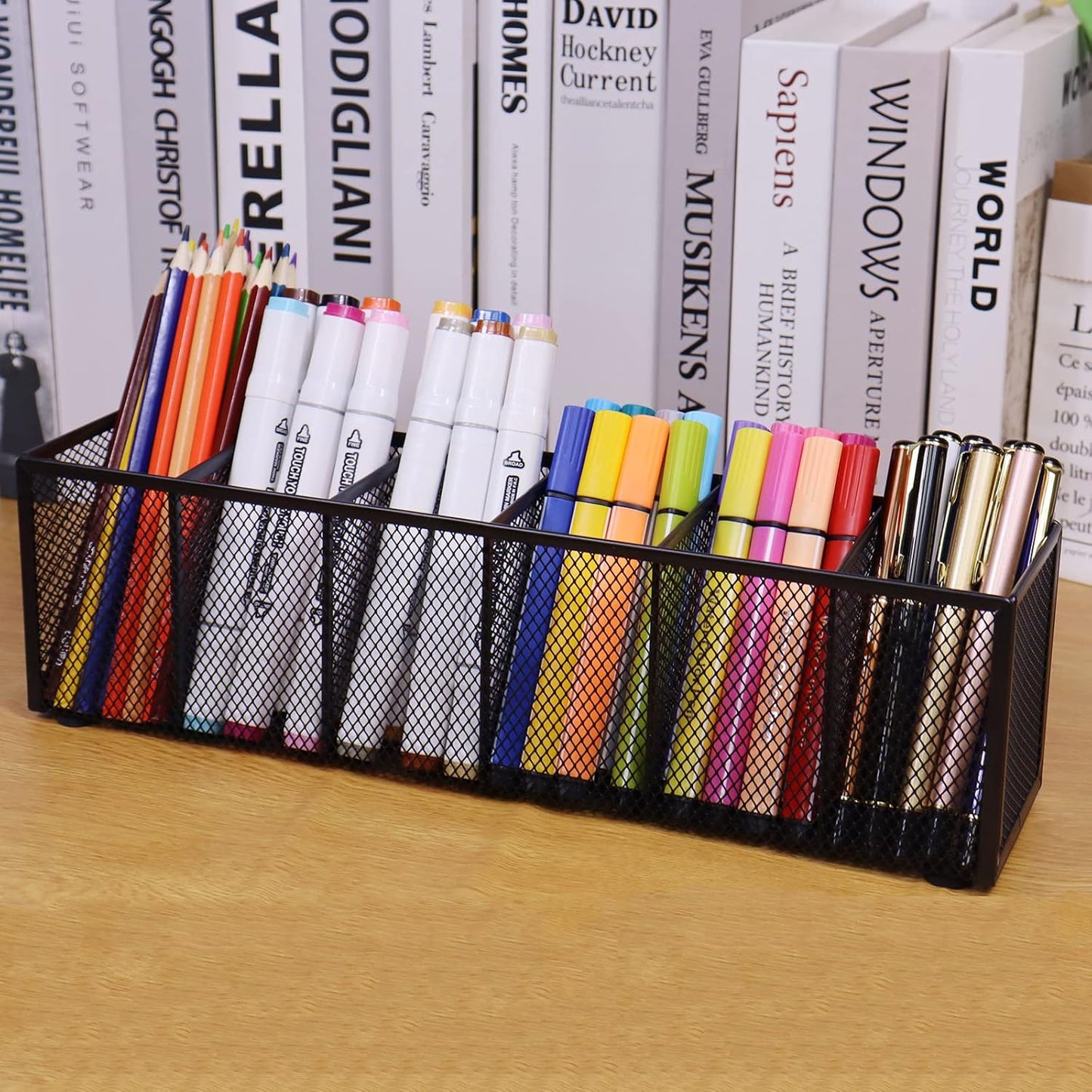 Black Mesh Pen Pencil Holder, Small Metal Desk Organizer Desktop Stationery Office Supplies Acessories Storage Stand, 6 Compartments Brushes Holder for Home School Classroom Teachers