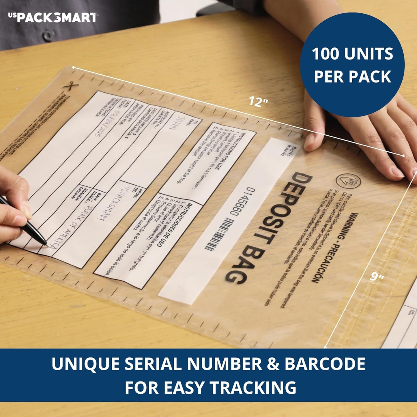 Clear Plastic Deposit Bags 9"x12" | Secure Bank Deposits, Cash Handling or Safe Currency Transportation | Sequential Barcodes | Tamper-Evident | Tear-Off Receipt for Security | 100-Pack
