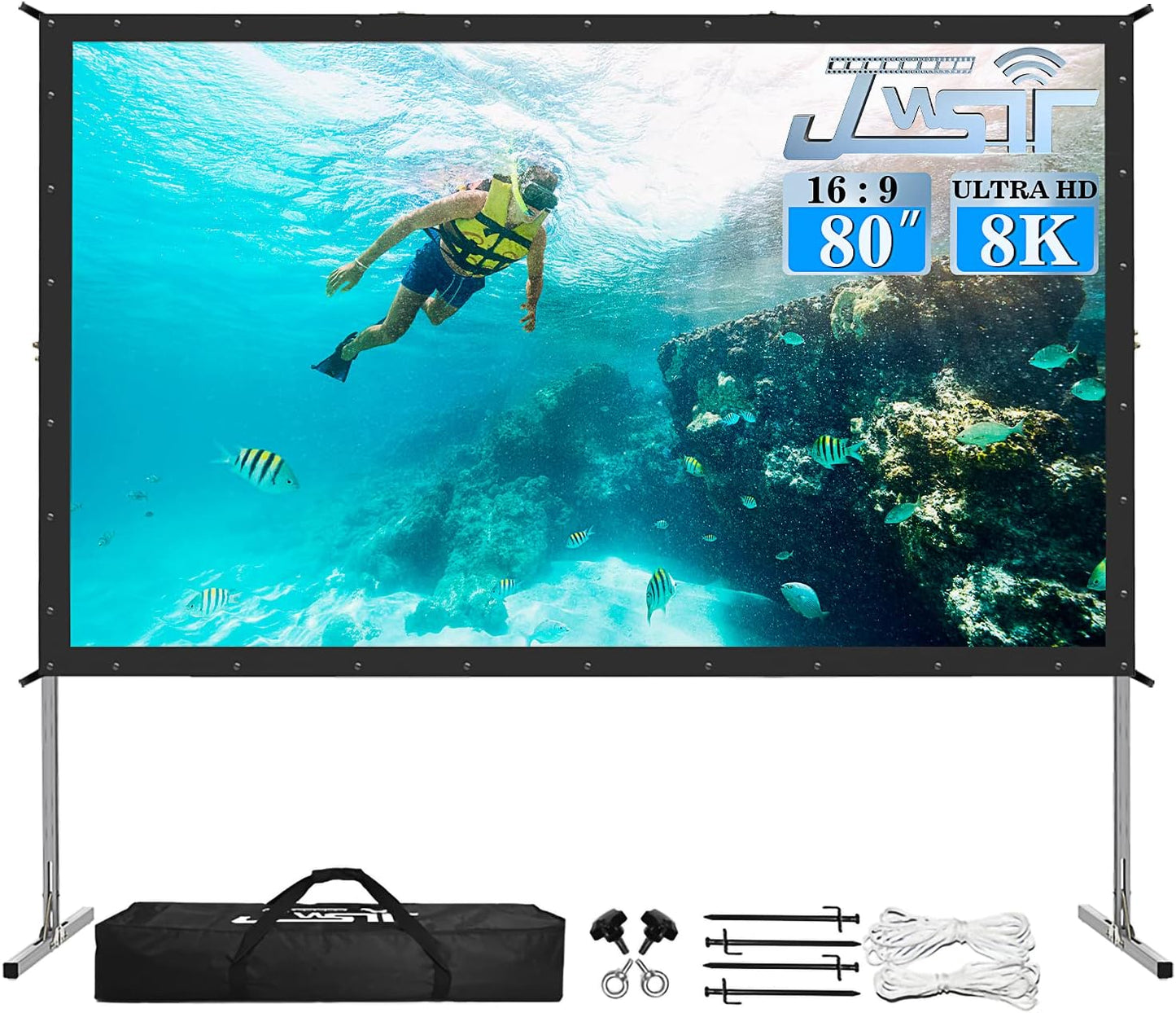 Projector Screen and Stand, 80 inch Outdoor Movie Screen-Upgraded 3 Layers PVC 16:9 Outdoor Projector Screen,Portable Video Projection Screen with Carrying Bag for Home Theater Backyard