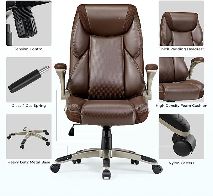 EUREKA ERGONOMIC Executive Office Chair Flip Up Arm Rest, Ergonomic Desk Chair Faux Leather Computer Chair, High Back Office Chair with Headrest, Home Office Desk Chairs with Wheels, Brown