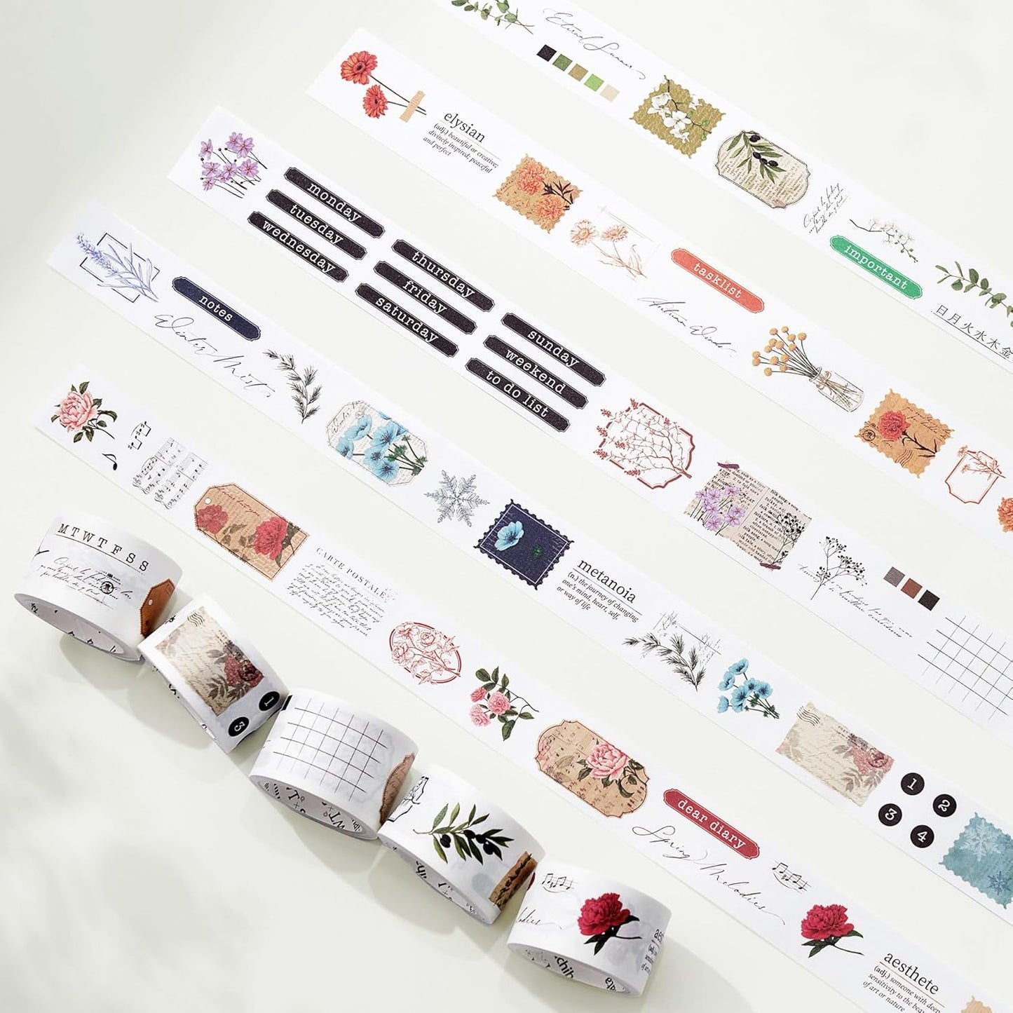 WT Seasonal Splendor Washi Tape Sticker Set, 5 Rolls, Original Designs, Vintage Watercolor Floral Design, Adhesive Stickers for Junk Journals, Scrapbooks, Bujo, Planners, DIY Crafts