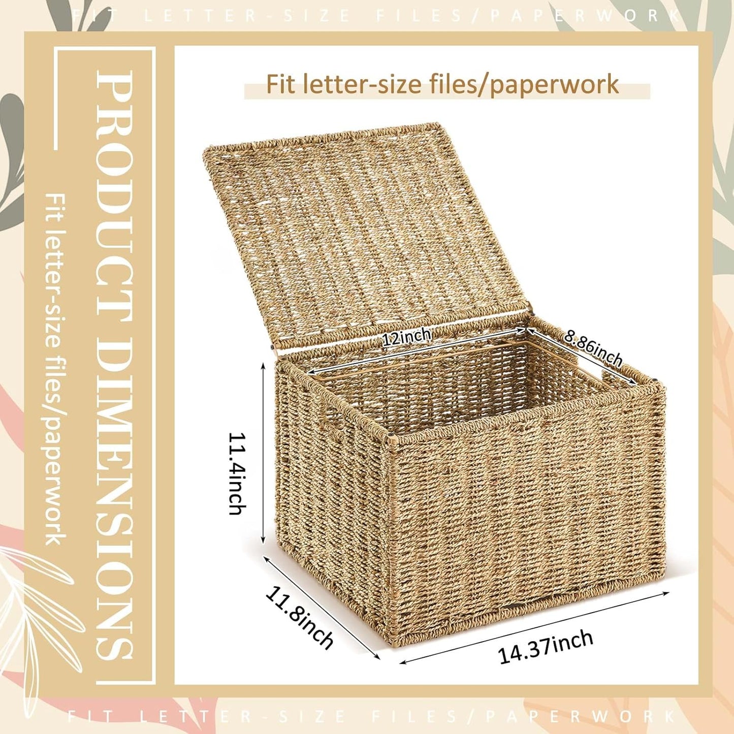 Seagrass File Box Organizers Collapsible Letter/legal Size Filing Cabinet with Lid Portable Decorative Document File Storage Box for Office/decor/home, Natural