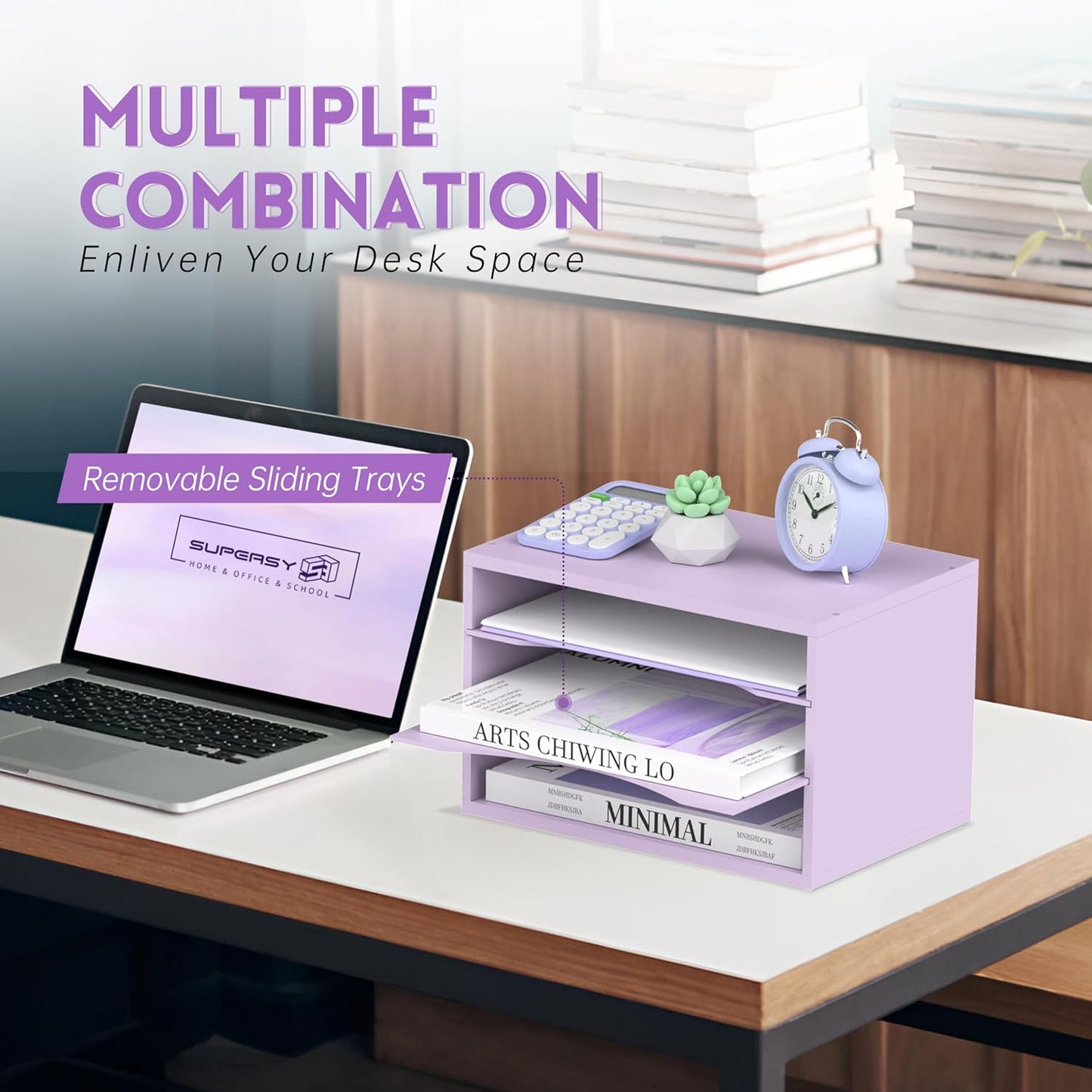 SUPEASY Wood Desk Organizer, 3 Tier Paper File Organizer for Desk, Wooden Desktop Organizer, Paper Letter Literature Mail Sorter, for Office School & Home Organization, Purple