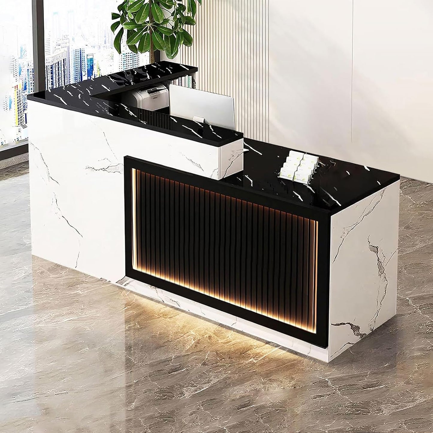 Modern Reception Desk with Counter and Drawer Office Front Desk with Cabinet Wooden Commercial Reception Table Checkout Counter for Retail Salon Lobby White and Black Right 79inch/200cm