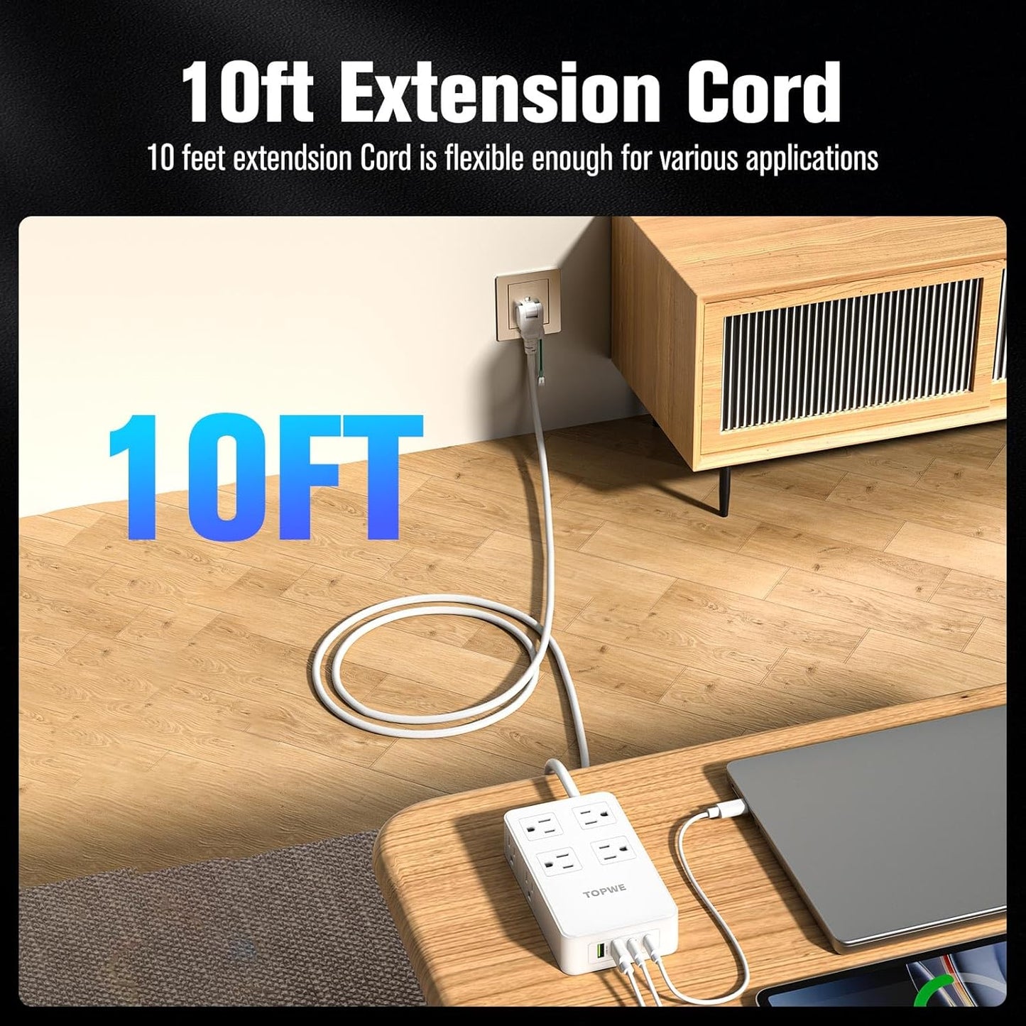 Power Strip Surge Protector with Multiple Outlets, Charging Station(100W Max), Flat Plug Extension Cord 10 Ft Long Cord, 8 Outlets & 4 USB Ports (2 USB C), Desk Charging Station for Home Office
