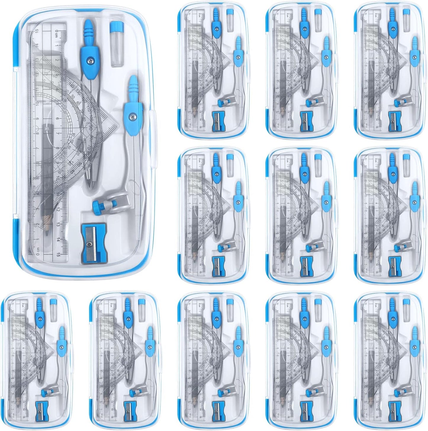 Teling 12 Sets Math Geometry Kit for Students 10 Pcs Compass Geometry Tools Set Includes Rulers Protractor Compass Eraser Pencil Sharpener Lead Refills Pencil (Blue)