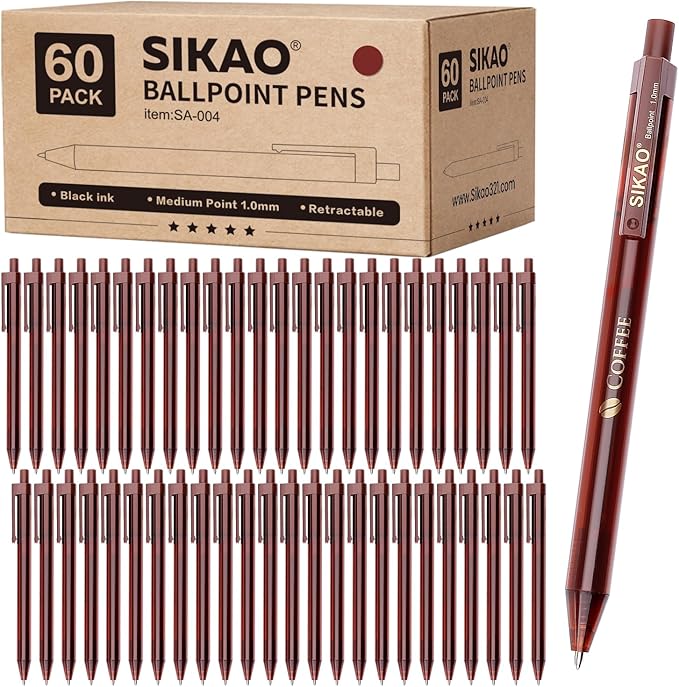 Pens Bulk, Coffee 60Pack Ballpoint Pens for Smooth Writing No Smear, Black Ink Medium Point 1.0mm, Retractable Click Ball Point Pens, School Office Supplies (Black ink)