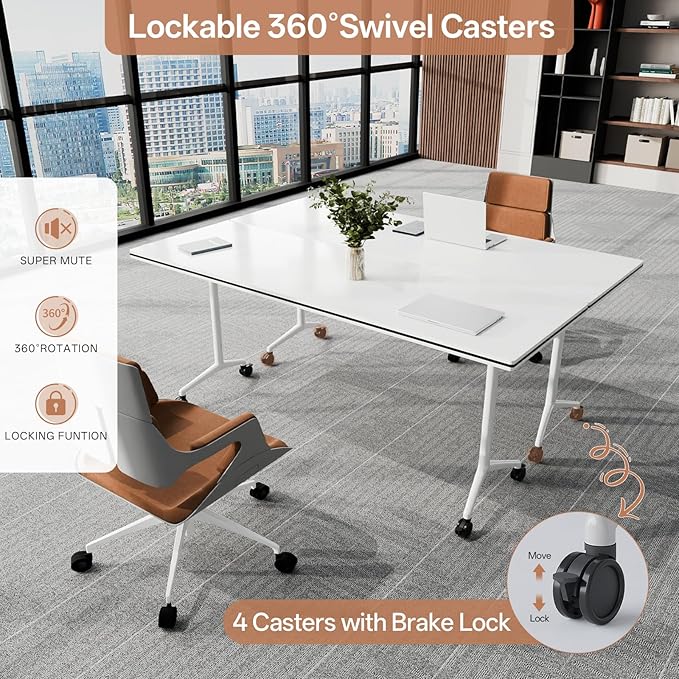 Conference Table, Folding Conference Tables for 2-20 People, Modern Conference Room Table with Wheels, Super Sturdy Large Rectangle Mobile Meeting Seminar Tables for Office (2PCS 70.8in)