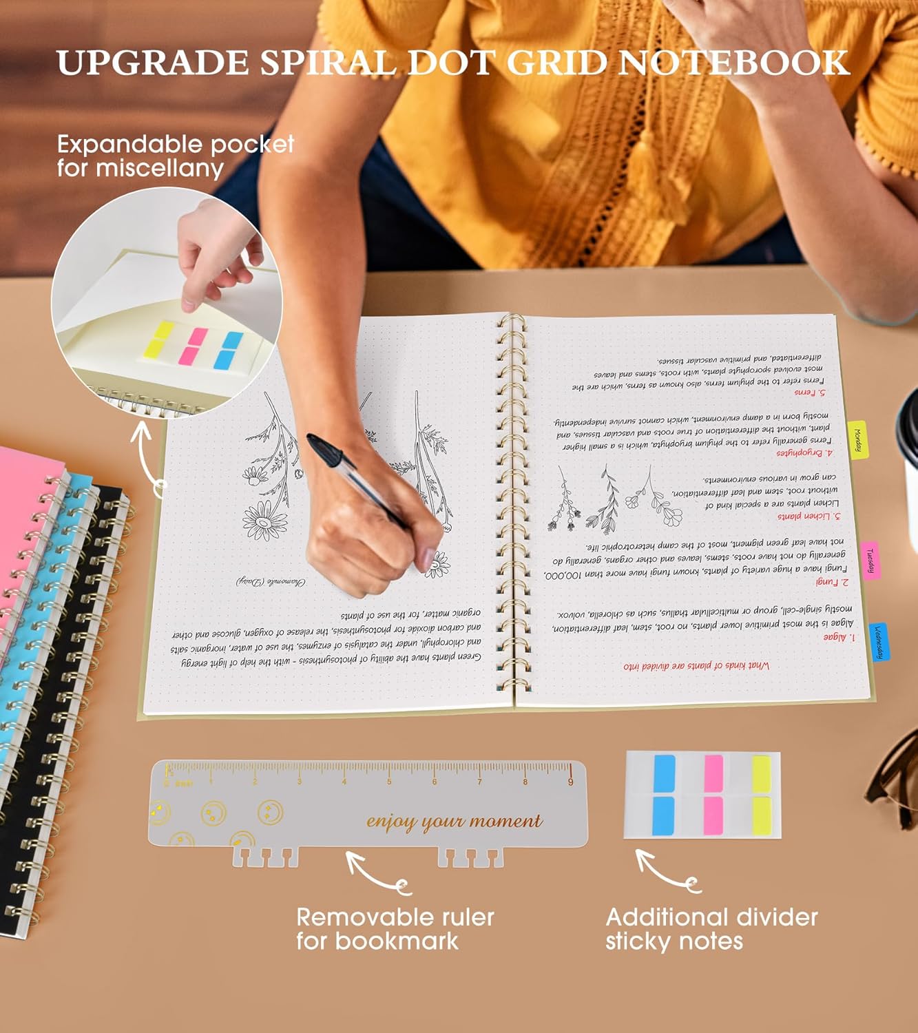 Dotted Notebook, Spiral Notebook Journal 8.5” x 11”, A4 Large Dot Grid Notebooks for Women Men, 100 GSM Dotted Paper, Plastic Hardcover Spiral Bullet Journals for Work School Sketching, Yellow