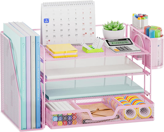 Marbrasse Desk Organizer and Accessories，4-Tier Paper Letter Tray Organizer with File Holder, Workspace Desk Organizers Accessories with Drawer and 2 Pen Holder (Pink, 15.4" x 9.1" x 8.3")