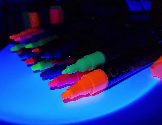 16 UV Fluorescent Neon Chalk Markers - Double Pack of Both Fine & Reversible Medium Tip Liquid Chalk Pens Wet Erasable Menu Boards, Glass, Whiteboards, Mirrors, Non-Porous Chalkboards, Plastic, Metal
