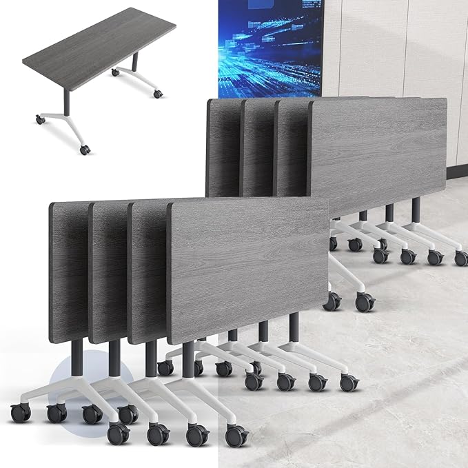 Folding Conference Table, Mobile Training Table for Office Conference, Modern Modular Rectangular Work Desk Meeting Seminar Work Tables with Caster Wheels, Large Breakroom Tables (8Pack L47.2in)