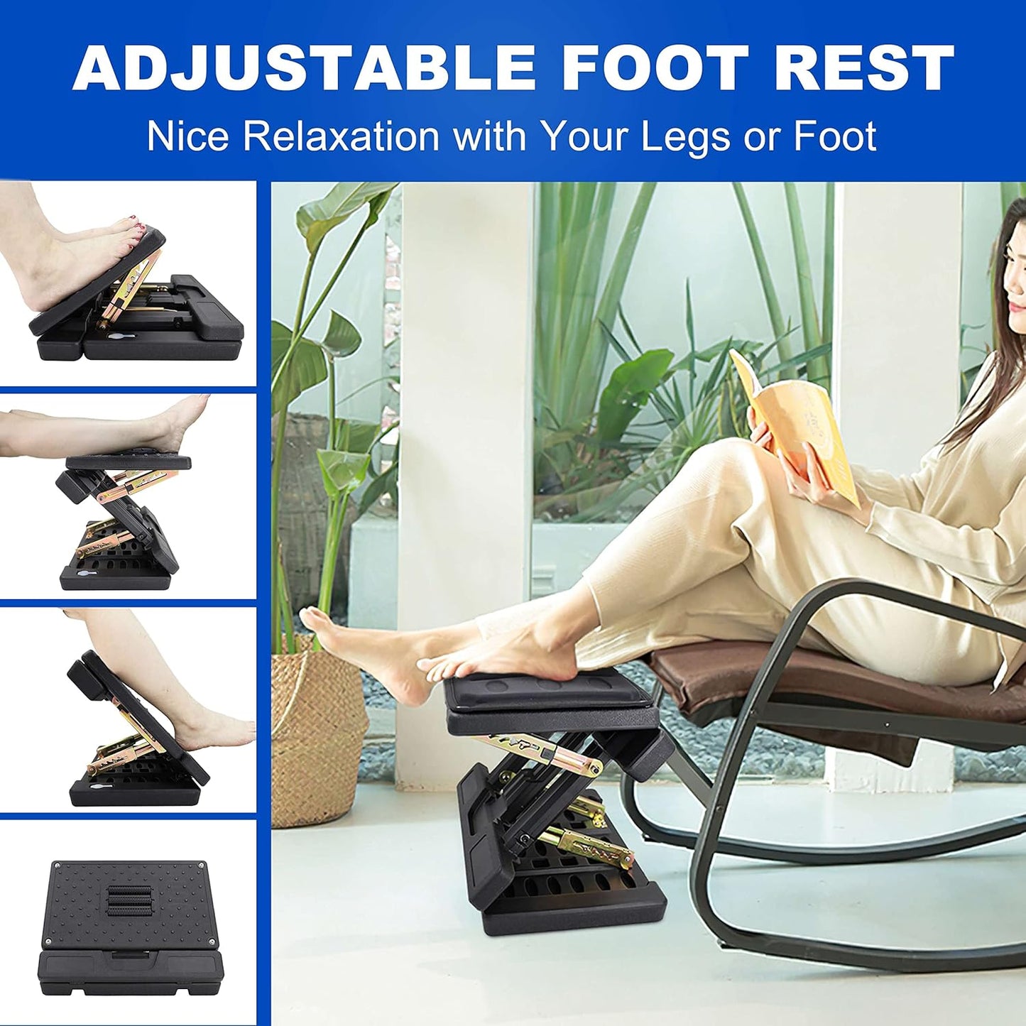 Adjustable Foot Rest and Footstool Under Desk, Ergonomic Leg Rest with Massage Roller, Height & Angle Adjustable, Detachable Cushion for Office and Home (Black)