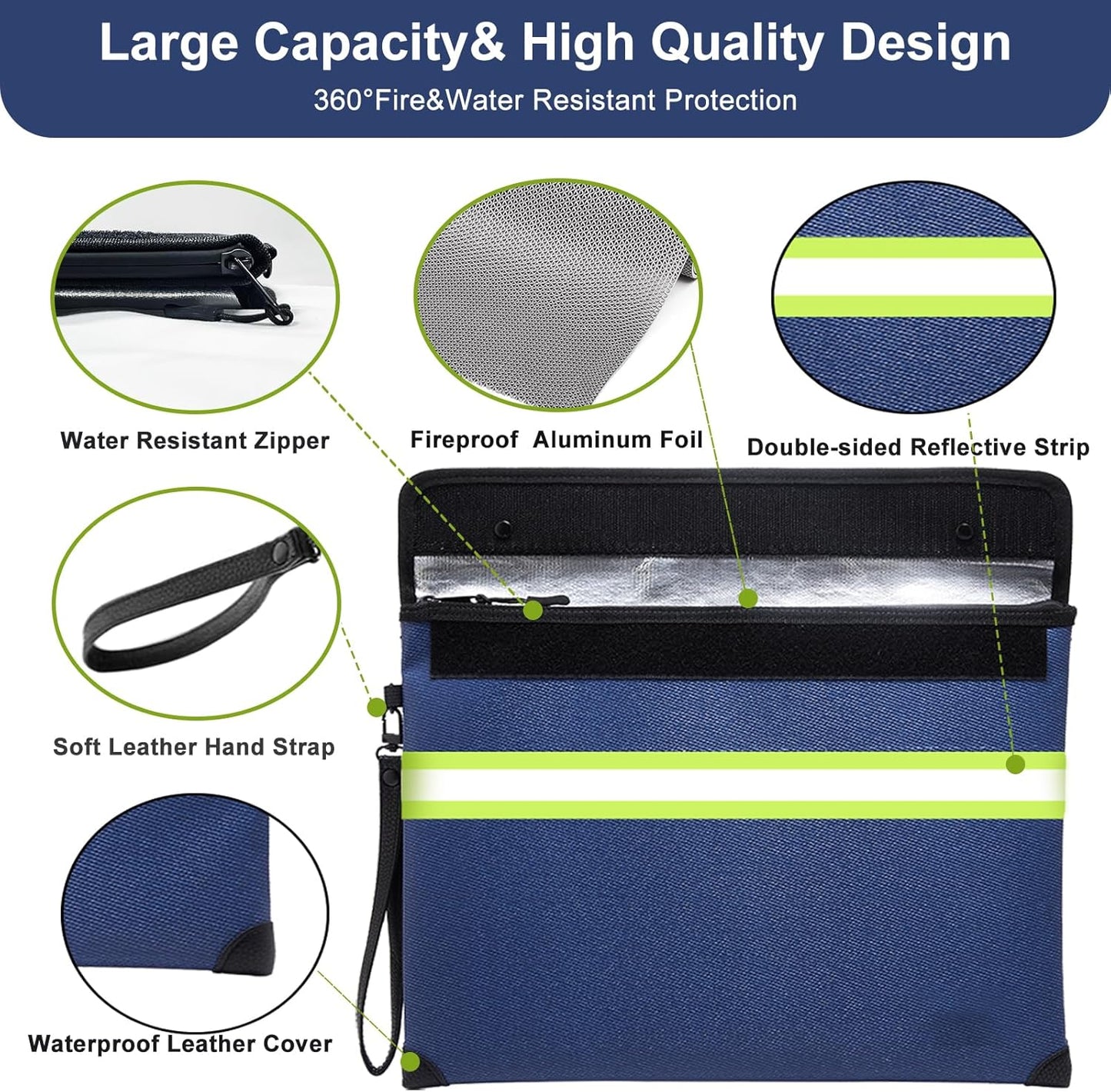 Upgraded Fireproof Money Bag with Lock,6500°F 10 Layers of Heat Insulated Materials Waterproof Zipper/Reflective Strip,Handle for Cash/Important Documents（Not Suitable for A4 Files）