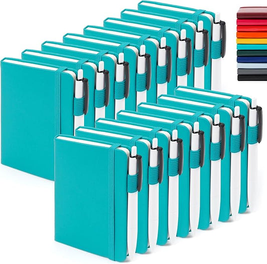 feela 15 Pack Pocket Small Notebooks Bulk, Mini Cute Notepads Hardcover College Ruled Lined Journals with Pen Holder for School Business Memos, with 15 Black Pens, 3.5”x 5.5”, A6, Emerald