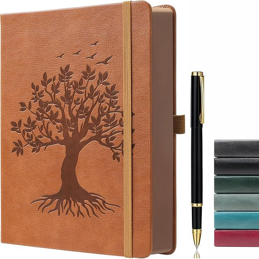 ZXHQ B5 360 Pages Lined Journaling Notebooks with Pen, Journals for Women Men Writing Notebook, Tree of Life Design, Brown Edge, Fine Inner Pocket - Light Brown