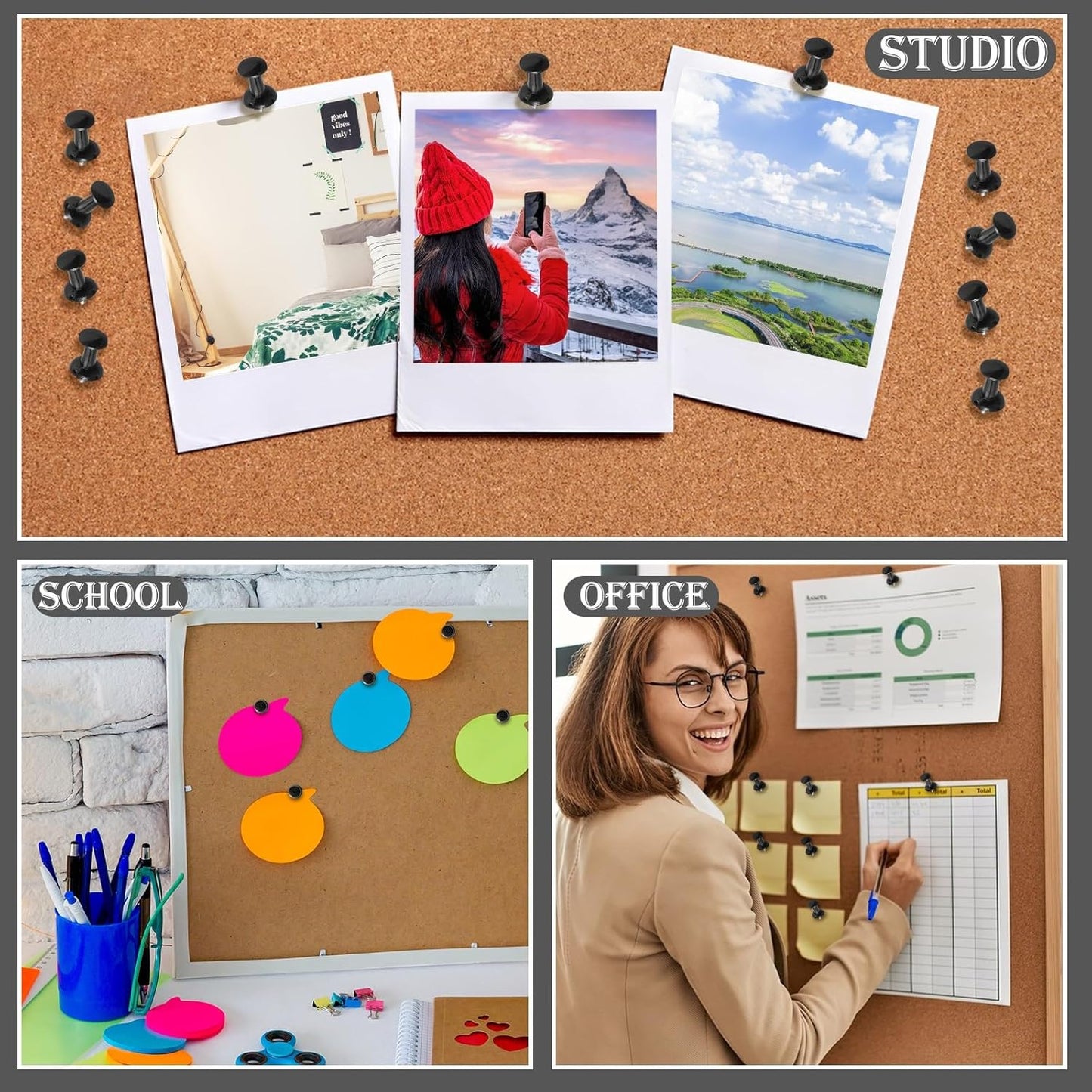 220 Count Black Push Pins Standard Plastic Head Steel Point Thumb Tacks for Cork Board Wall Hanging