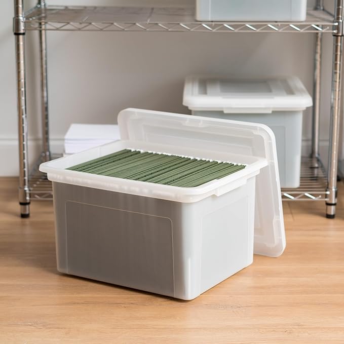 IRIS USA File Box, Plastic File Organizer with Lids for Letter/Legal File, Portable Document Box For Moving, Storage Bin with Durable and Secure Lid, Stackable Nestable BPA-Free, Pearl 35 Qt. 4 Pack