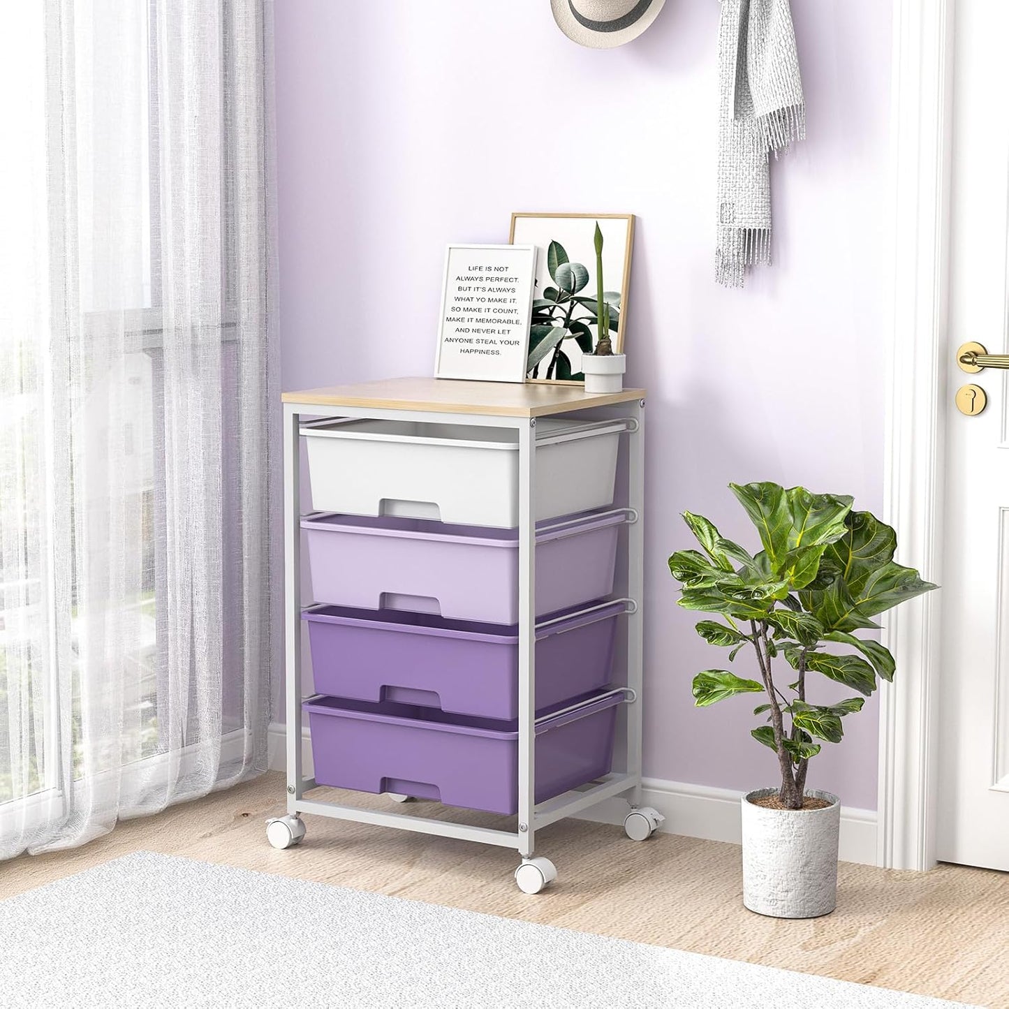 Utility Cart with 4 Drawers,Rolling Storage Cart with Drawers,Storage Rolling Drawer Cart with Wooden Tabletop for Bedroom,Kid's Room,Dorm,Classroom,Office, Purple