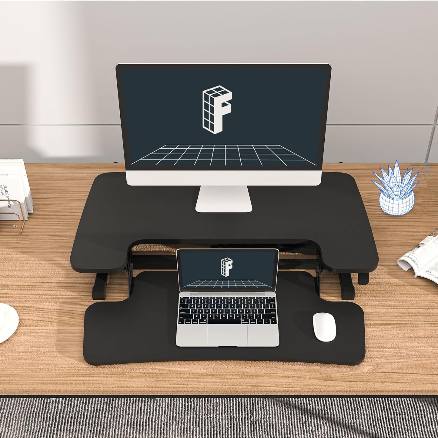 FLEXISPOT Height Adjustable 32in Standing Desk Converter Sit to Stand up Desk Riser Computer Workstation with Wide Keyboard Tray 2-Tier Desktop Black (32'', Black)