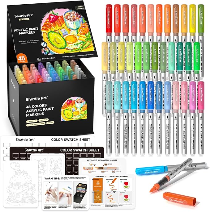 Shuttle Art Automatic Ink Control Acrylic Paint Markers, 48 Colors Brush Tip Acrylic Paint Pens for Rock Painting, Ceramic, Wood, Canvas, Glass, Stone, Fabric, Card Making, DIY & Art Supplies