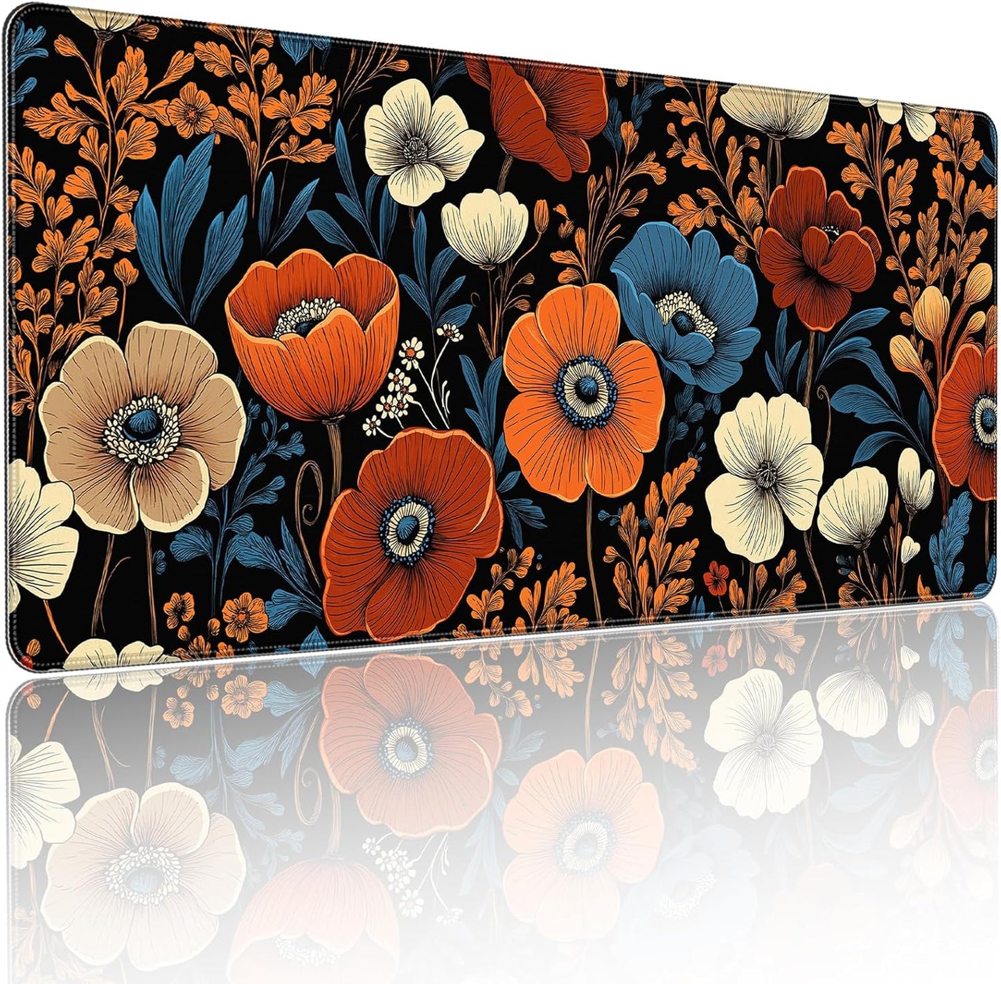 35.4 x 15.7 inches, Large Desktop Mouse pad, Keyboard and Mouse Pads for Work and Home Computers, and Large Laptop Mouse mat，Orange Blue Flowers