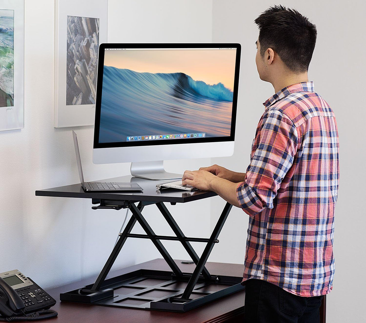 Mount-It! Standing Desk Converter, Sit Stand Desk Riser with Gas Spring, Ergonomic Height Adjustable Desktop Platform, Collapsible Slim Profile, Preassembled Workstation for Home & Office, Black