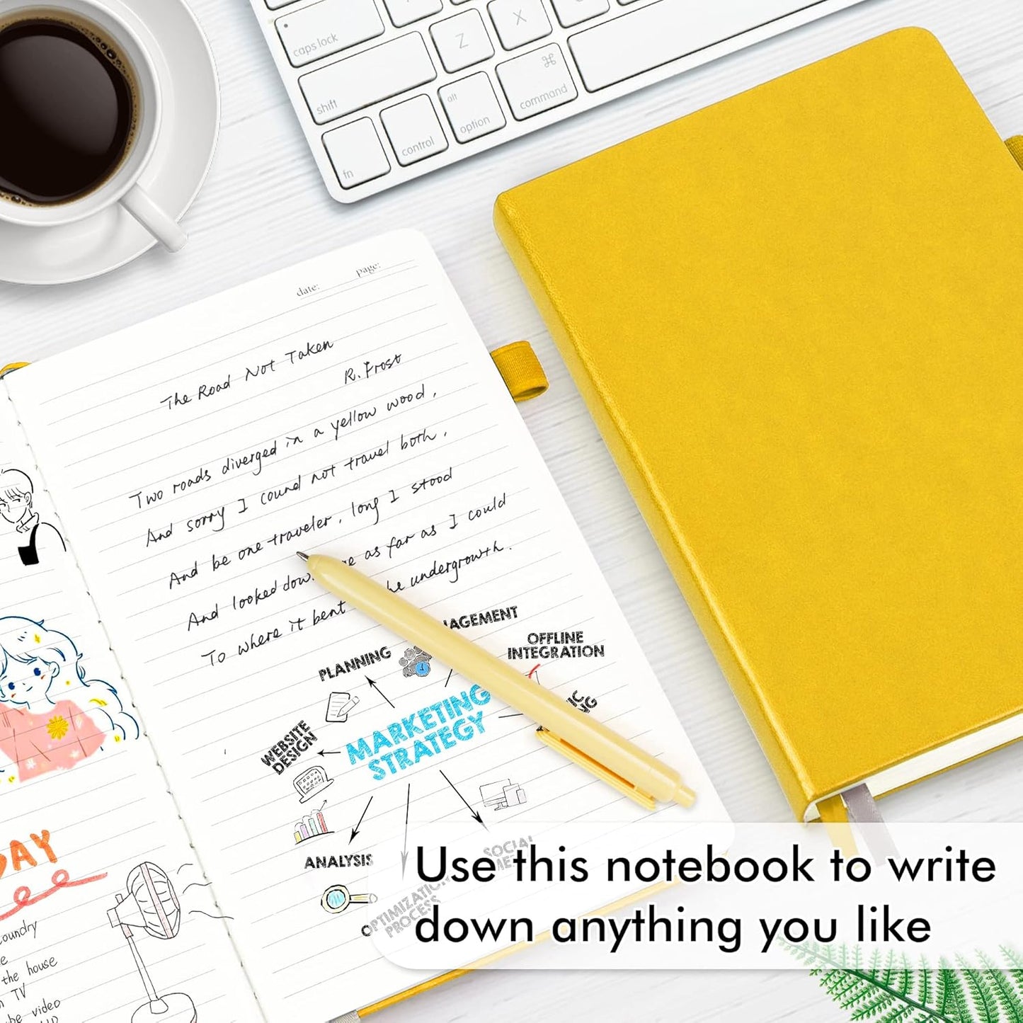 feela 18 Pack Journal Notebook for Work, Business Notebook Bulk Hardcover Lined Writing Journal with Pen Holder for Men Women Note Taking, with 18 Black Pens, 120 GSM, 5.1”x8.3”, A5, Yellow