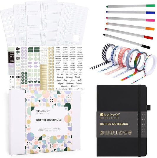 &And Per Se Dotted Journal Notebook Set, A5 Hardcover Dotted Journal (Black), 6 Fineliner Pens, 8 Sticker, 5 Stencil Sheets & 6 Washi Tapes, Journaling Supplies for Planner Schedule