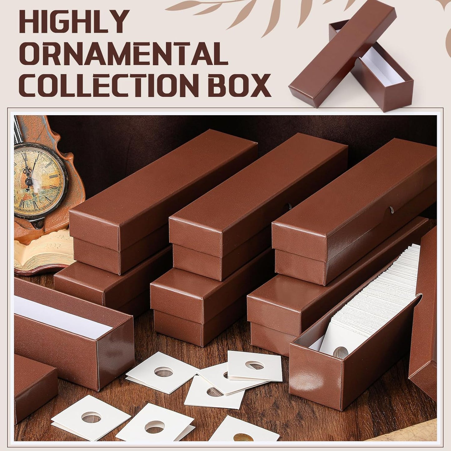 Teling 8 Pcs Coin Storage Box 2x2inch Flip Holders Collectors Coin Supplies Holders for Cents Collection Cardboard (Brown)