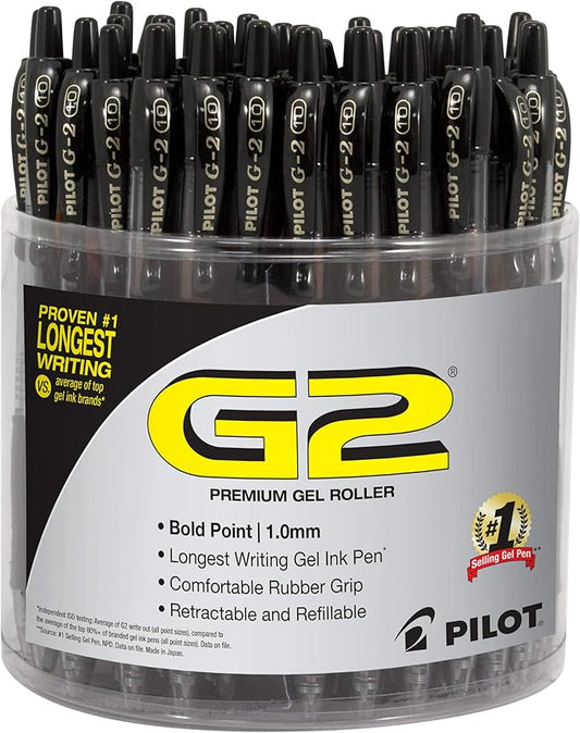 Pilot G2 Premium Gel Pens, Black Pens, Bold Point 1 mm, Tub of 48, Black