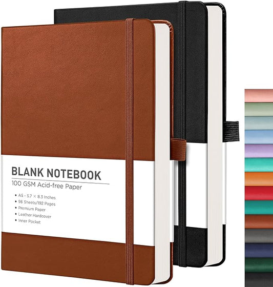 RETTACY Blank Journal Notebook, 2-Pack, 192 Pages per Pack, A5 Medium Size (5.7'' x 8.3''), Leather Hardcover, 100 GSM Thick Paper, for Sketching, Drawing, Painting (Black & Brown)