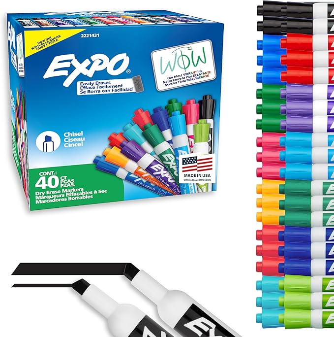 EXPO Dry Erase Markers, Low Odor Ink, Assorted Fashion Colors, Chisel Tip, 40 Count