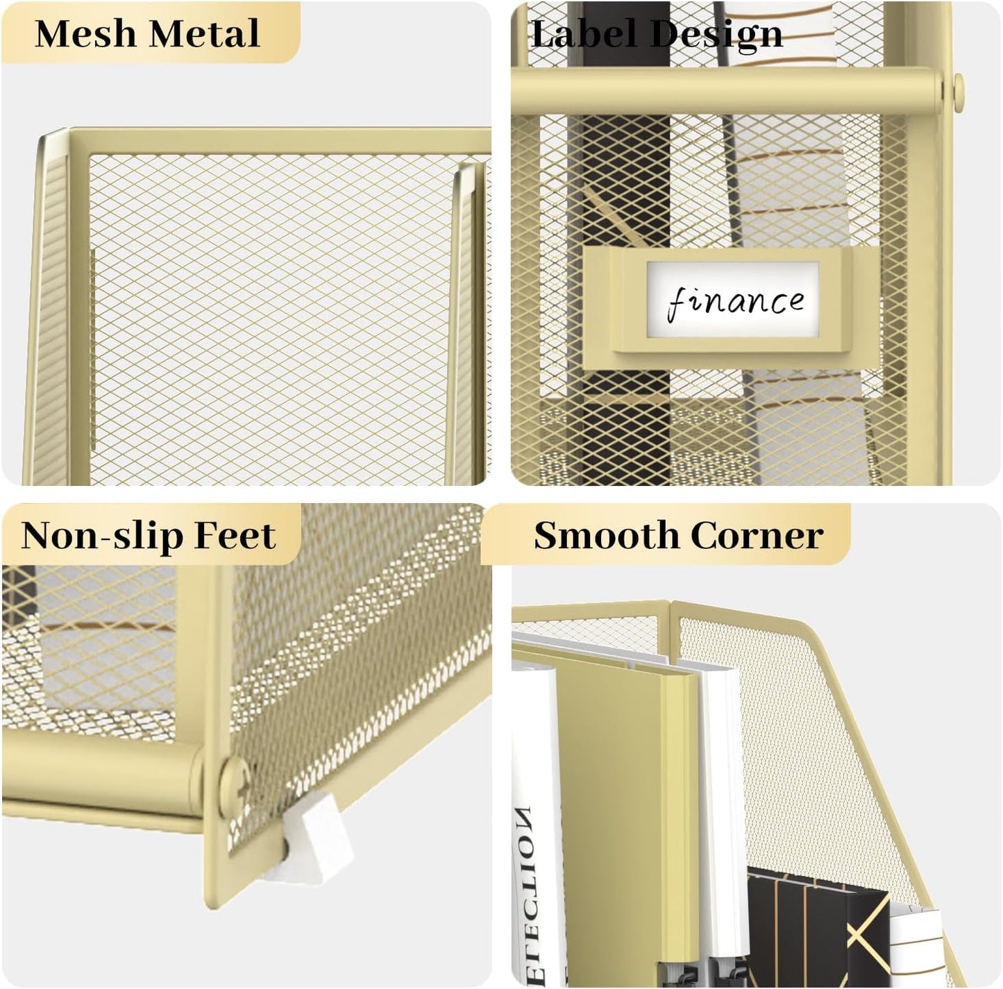 SUPEASY Desk Organizers Metal Desk Magazine File Holder with 5 Vertical Compartments Rack File Organizer for Office Desktop, Home Workspace, Golden Yellow, Plus