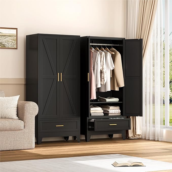 Farmhouse Wardrobe Cabinet with One Drawers,Metal Wardrobe Closet with Hanging Rod,Metal Armoire with Adjustable Shelves for Bedroom,Living Room, Cloak Room,Office (Blue)