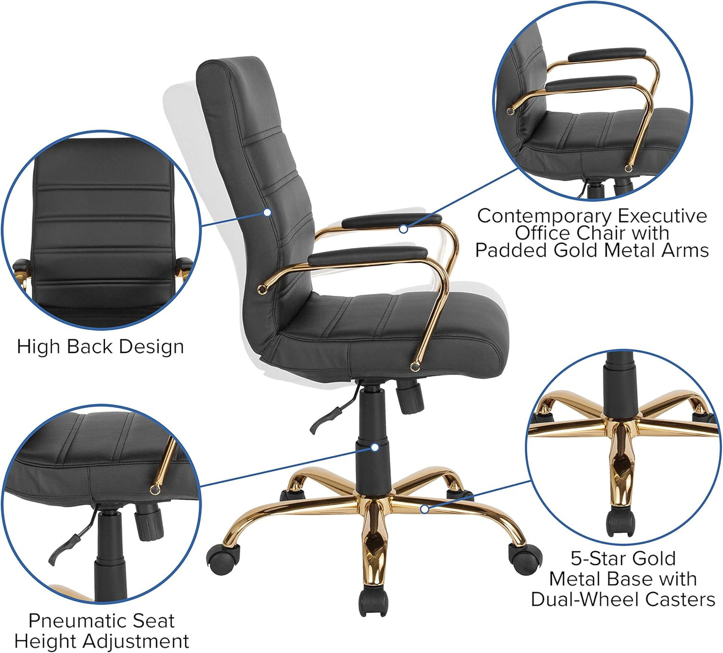 Flash Furniture Whitney High-Back Swivel LeatherSoft Desk Chair with Padded Seat and Armrests, Adjustable Height Padded Office Chair, Black/Gold