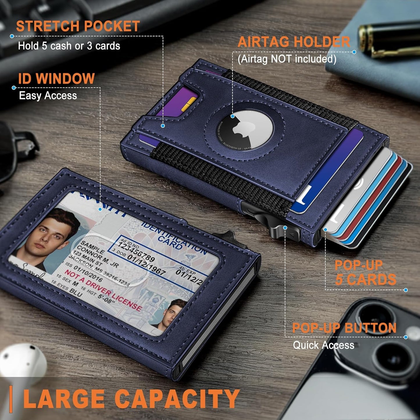 Airtag Wallet for Men, Slim Pop Up Credit Card Holder RFID Blocking Mens Minimalist wallet for 7-9 Cards ID Window, with Gift Box