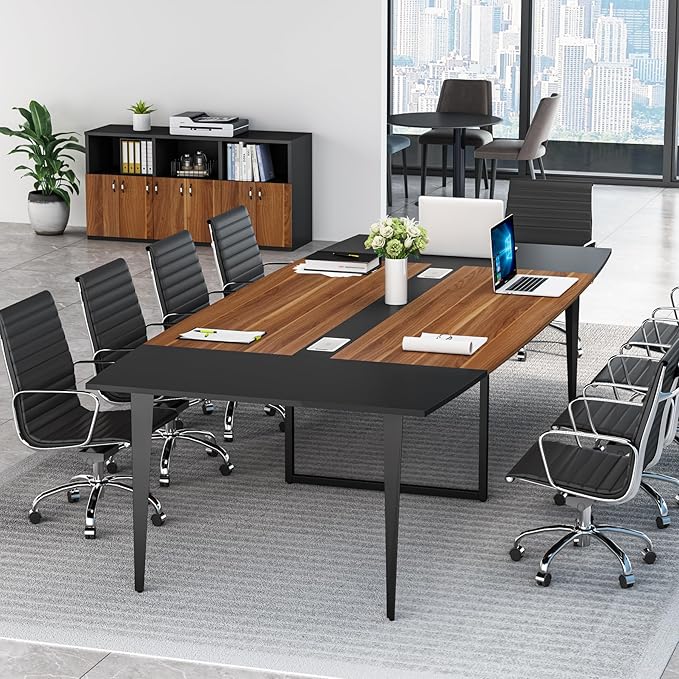 Tribesigns 8FT Conference Table, 94.48L x 47.24W x 29.52H Inches Boat Shaped Meeting Table with Rectangle Grommet, Modern Seminar Boardroom Table for Office Conference Room (8ft, Walnut & Black)