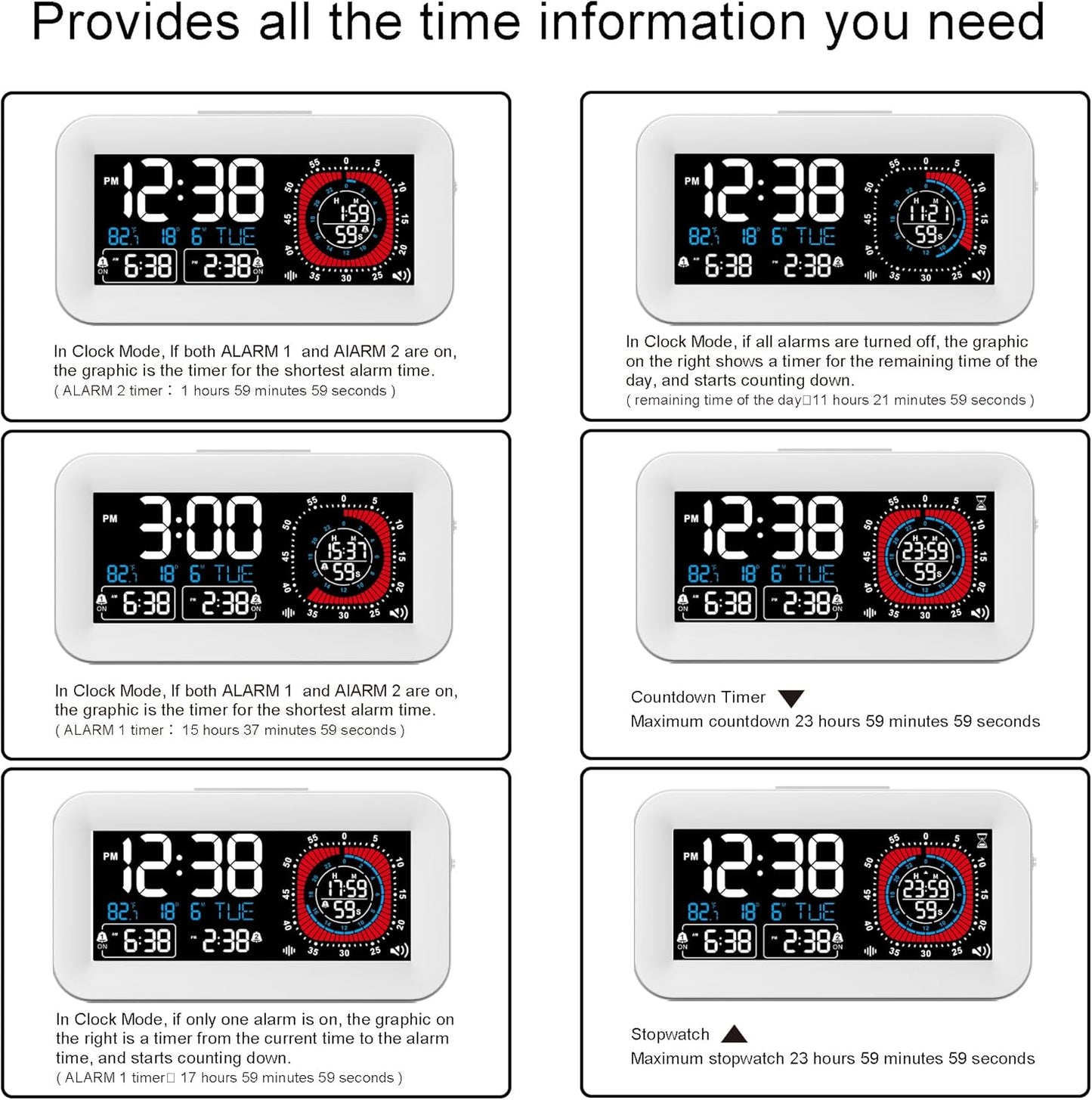 Digital Dual Alarm Clock for Bedroom,Visual Timer Clock for Kids,Dual Display Countdown Stopwatch Timer Dual Alarm Clock, Time Management Station for Homeschooling Teaching Home Kitchen Office (White)