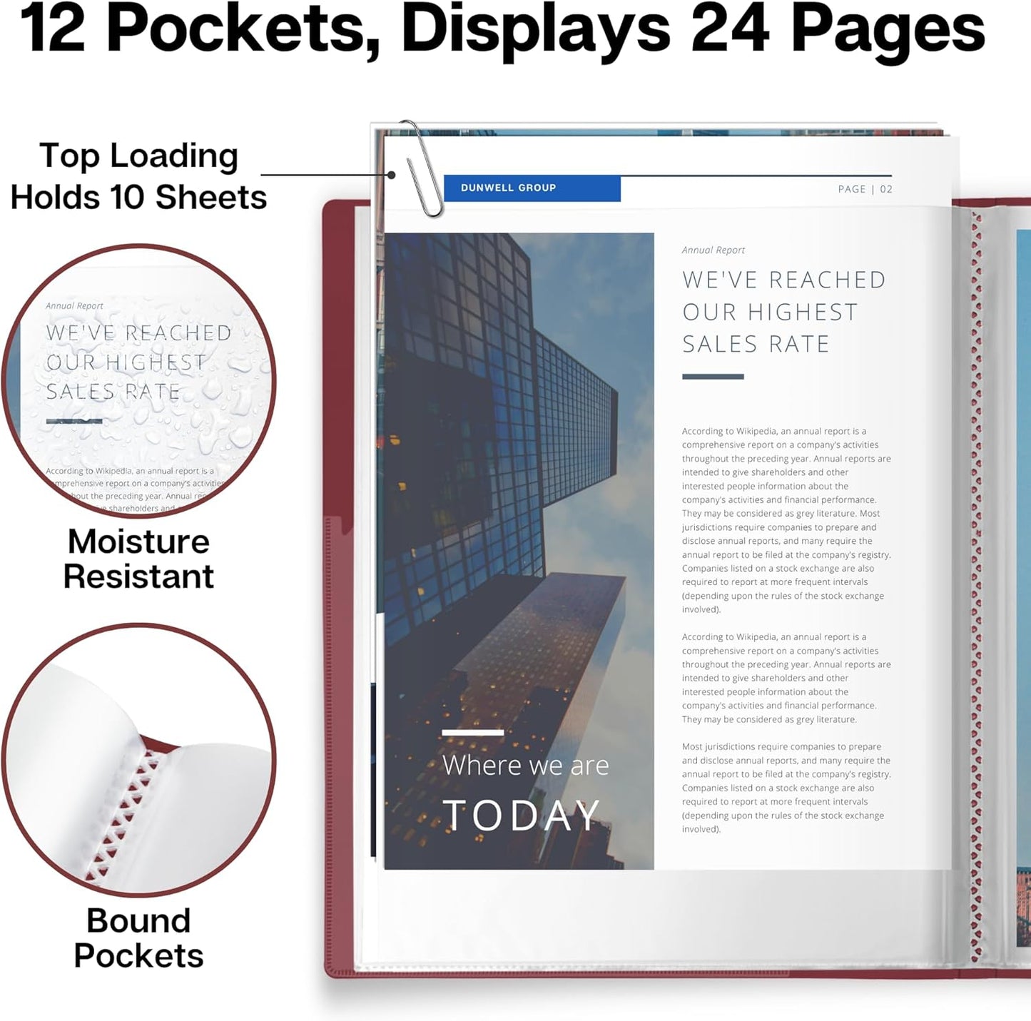 Dunwell Presentation Binder 12-Pocket, Displays 24 Pages, 8.5x11 Portfolio Binder with Plastic Sleeves, Storage and Organizer for Documents, Certificates, Projects, Photos (Ruby)