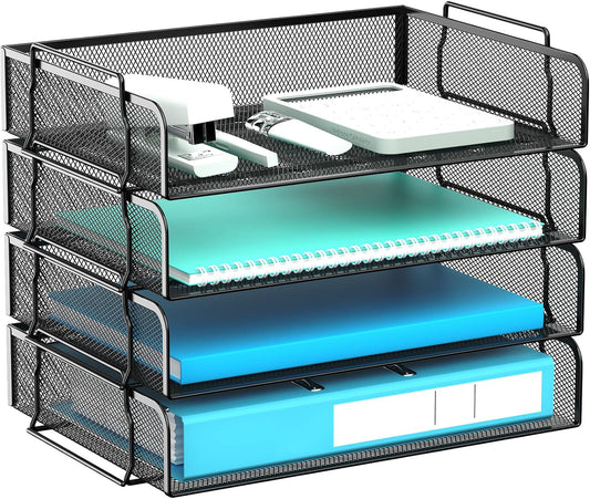 4 Tier Stackable Letter Tray, Metal Mesh File Storage Desktop Organizer for Home Office, Black