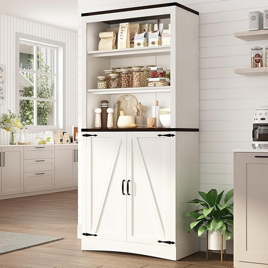 71in Farmhouse Kitchen Pantry Cabinet,Tall Storage Cabinet with 2 Doors and Adjustable shelves,with Load-Bearing Steel Pipe,Wood Storage Cabinets for Kitchen,Dining Room,Bathroom(White)