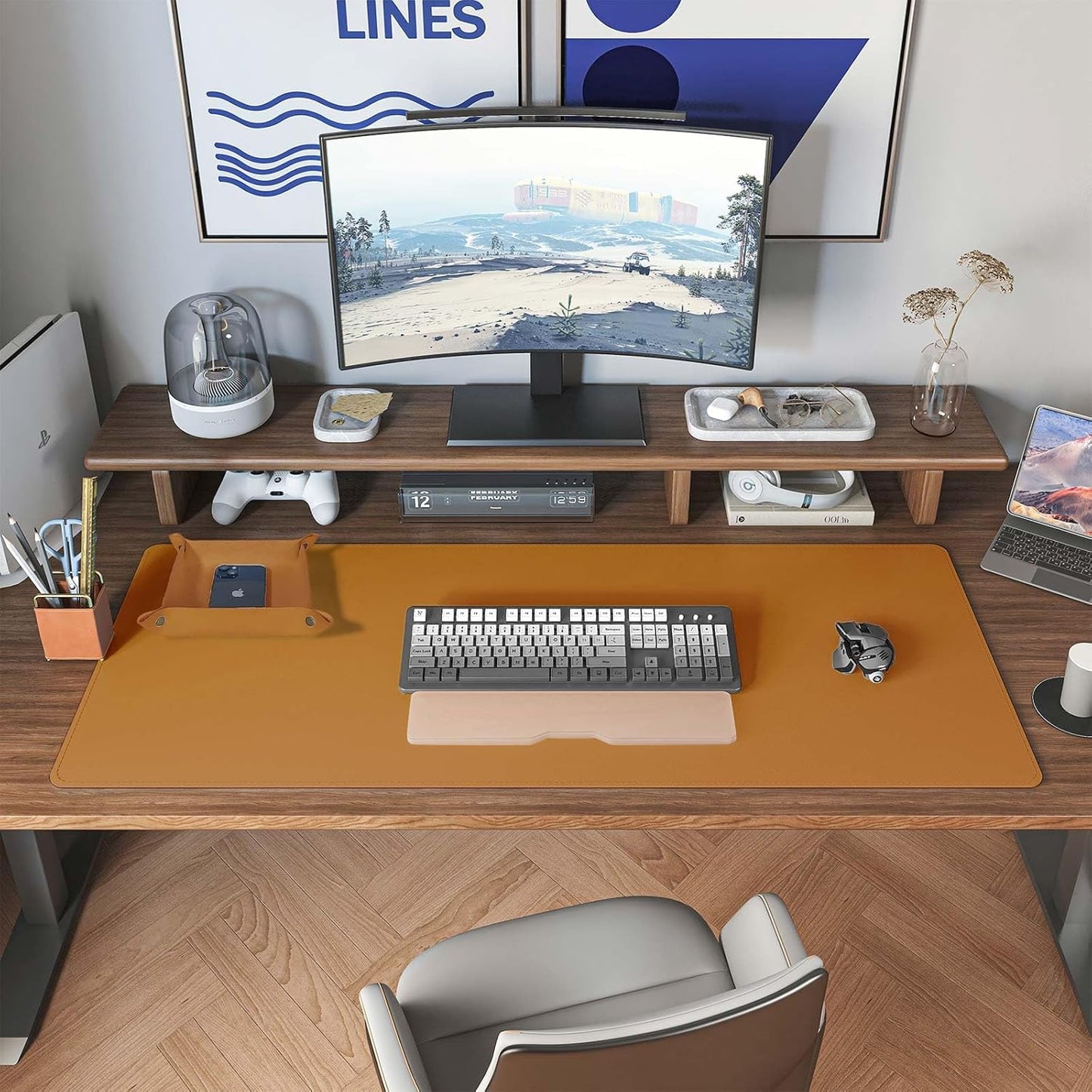 DAWNTREES Dual Sided Desk Mat,Leather Desk Pad,Brown 35.5"x17",Cork Desk Mat Protector,with PU Leather Valet Tray Organizer,Large Mouse Pad,Desk Writing Pad for Office and Home