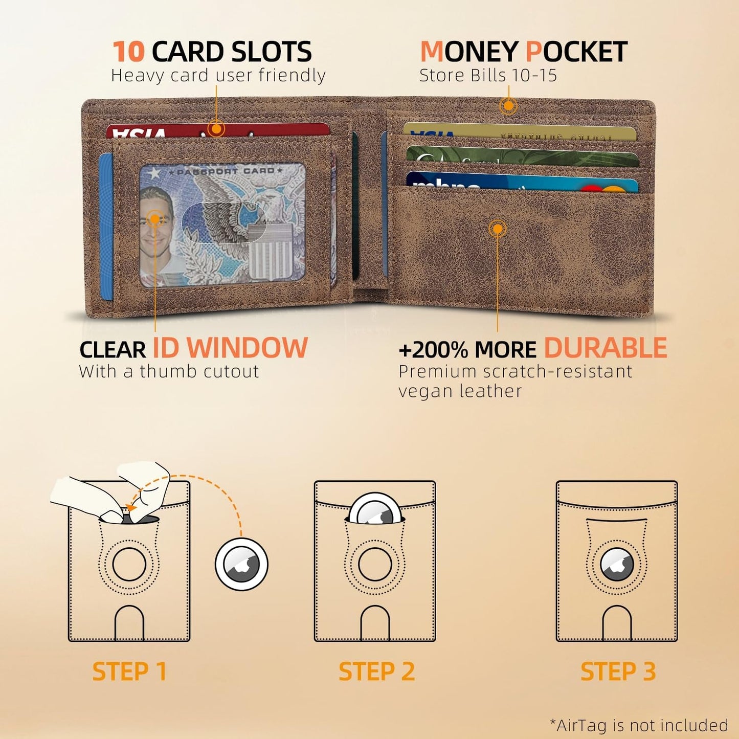 RUNBOX AirTag-Wallet-Mens-Slim-RFID Blocking Wallets Leather with Bill Compartment Air Tag Bifold Card Holder Wallet Gifts for Men Dad