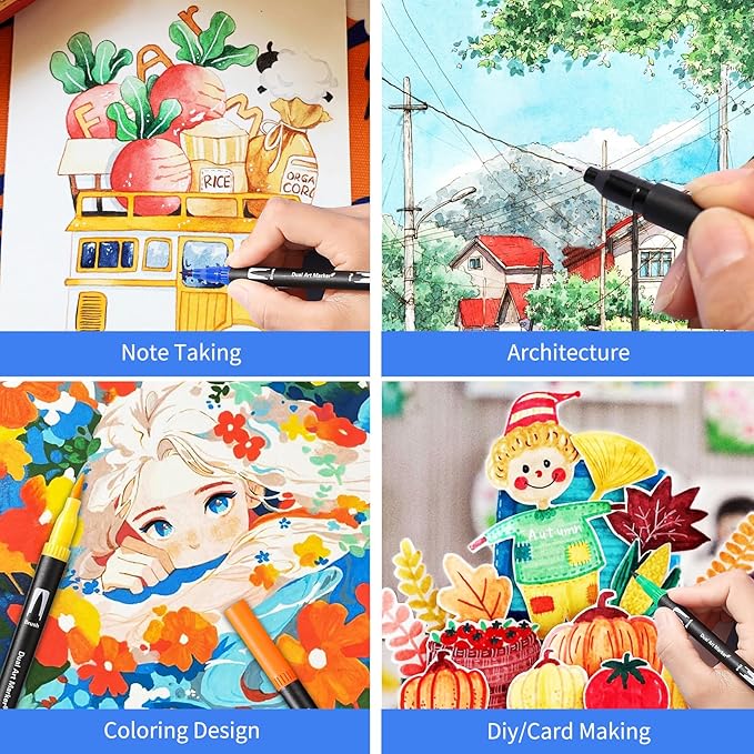 Double Brush Marker Pens, 168 Colors Art Markers Set with Fine Tip and Brush Tip for Kids Adult Coloring Book Hand Lettering Calligraphy Drawing Art Supplies Kit