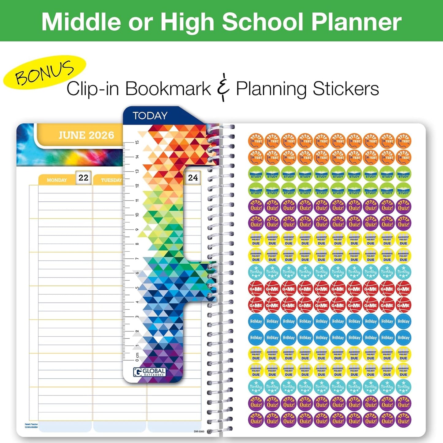 Global Datebooks Dated Middle School or High School Student Planner for Academic Year 2025-2026 Includes Ruler/Bookmark and Planning Stickers (Matrix Style - 5.5"x8.5" - Retro)