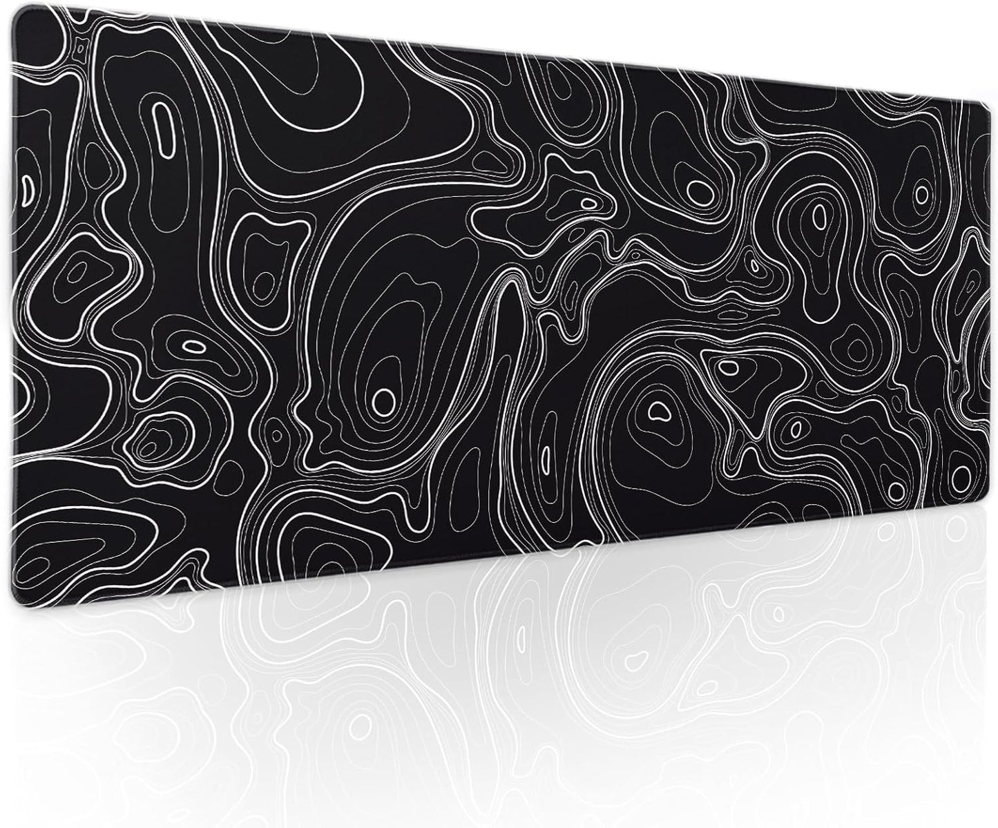 Topographic Map Black Gaming Mouse Pad XL Minimalist Topo Geographic White Lines Extended Large Mat Mousepad Desk Pad Non-Slip Rubber Base Stitched Edge Long Keyboard Pad for Computer,31.5×11.8 in