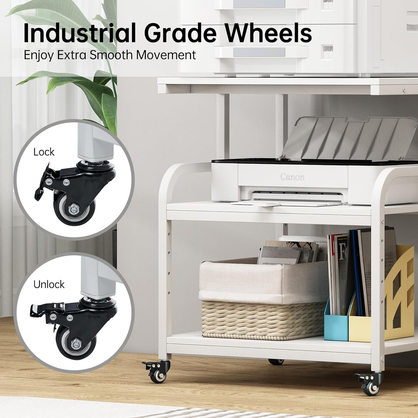 Printer Stand, 25.6" x 23.6" x 30.9" Extra Large Printer Table with Adjustable Storage Shelf, 3 Tier Rolling Printer Cart with Industrial Wheels for Home Office, White