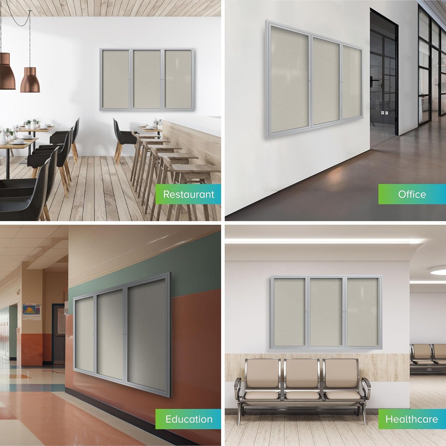 Ghent 48"x96" 3-Door Outdoor Enclosed Vinyl Bulletin Board, Shatter Resistant, with Lock, Satin Aluminum Frame - Ivory (PA34896VX-185), Made in the USA